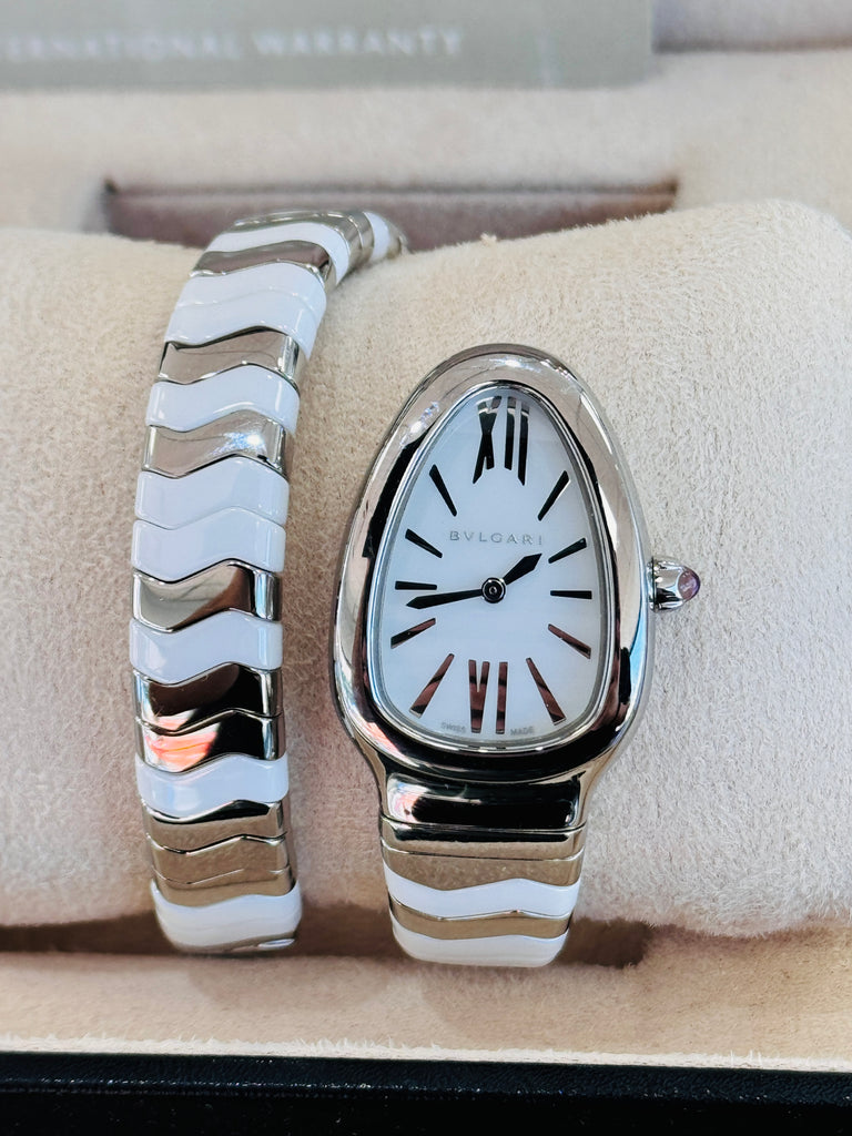 SERPENTI SPIGA 102182  STAINLESS STEEL & WHITE CERAMIC Box and Papers MINT