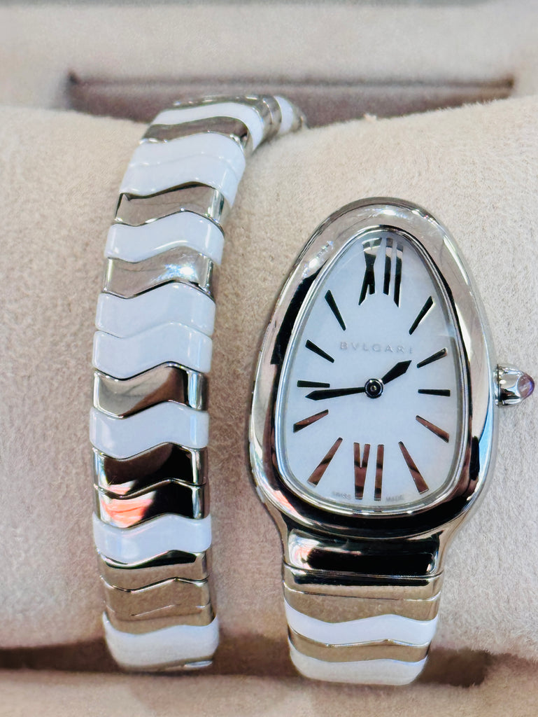 SERPENTI SPIGA 102182  STAINLESS STEEL & WHITE CERAMIC Box and Papers MINT