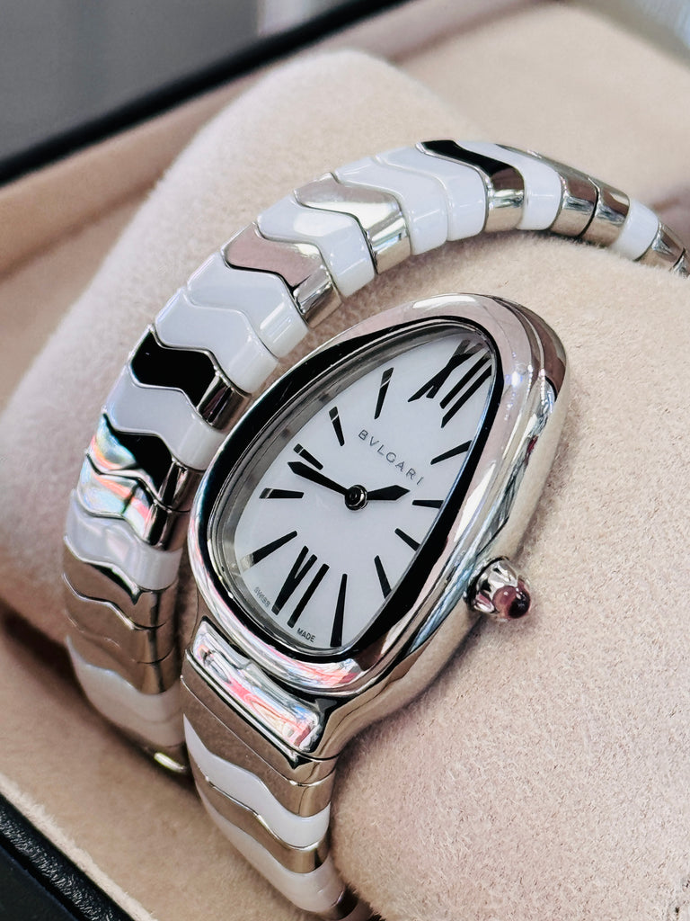 SERPENTI SPIGA 102182  STAINLESS STEEL & WHITE CERAMIC Box and Papers MINT