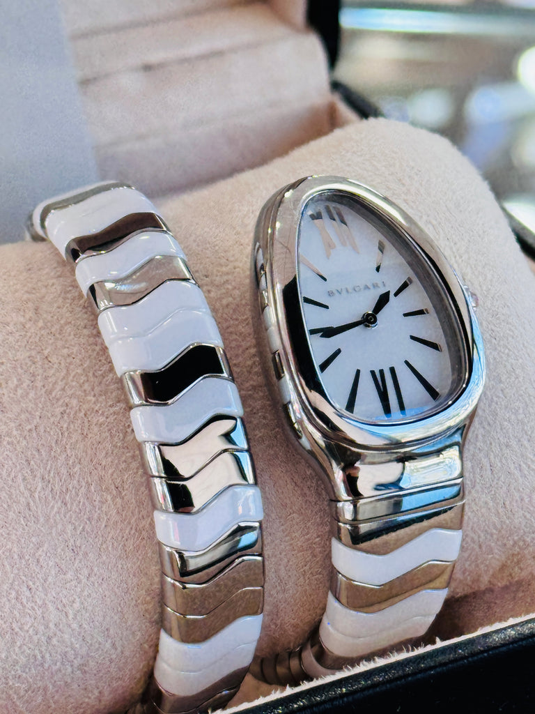 SERPENTI SPIGA 102182  STAINLESS STEEL & WHITE CERAMIC Box and Papers MINT