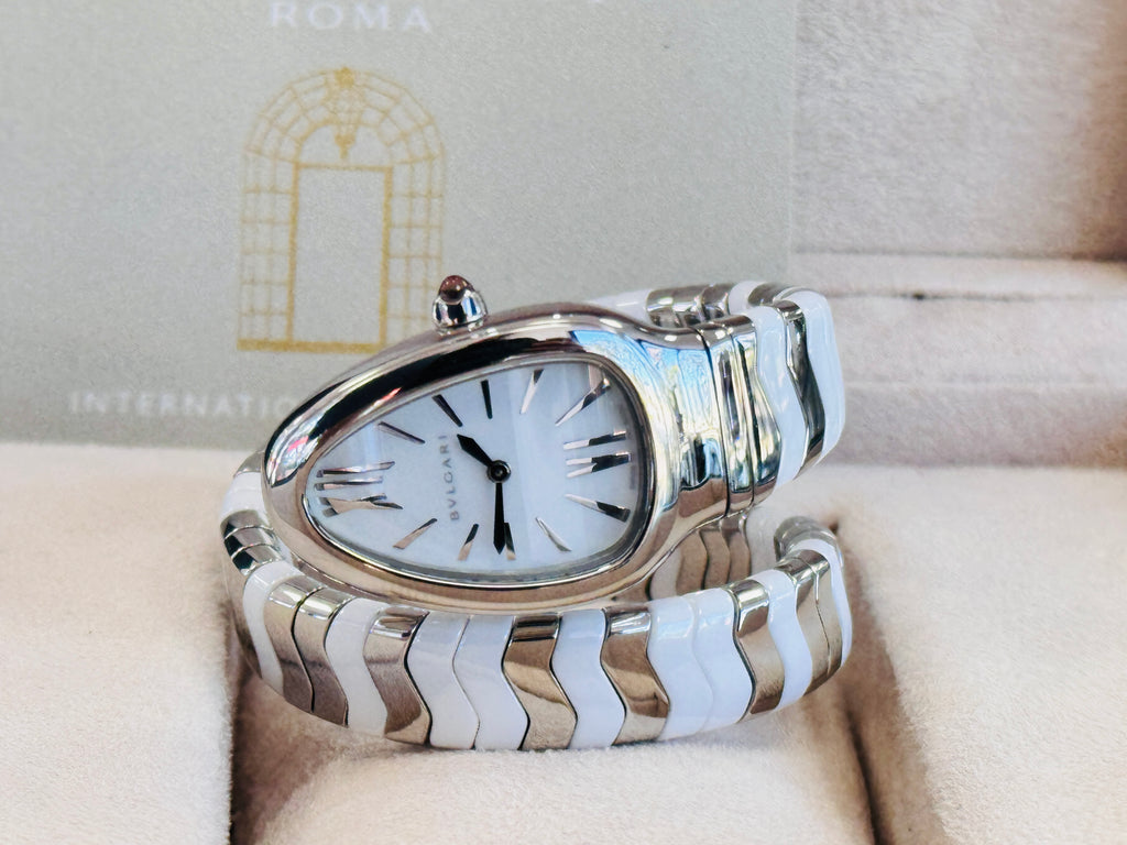 SERPENTI SPIGA 102182  STAINLESS STEEL & WHITE CERAMIC Box and Papers MINT