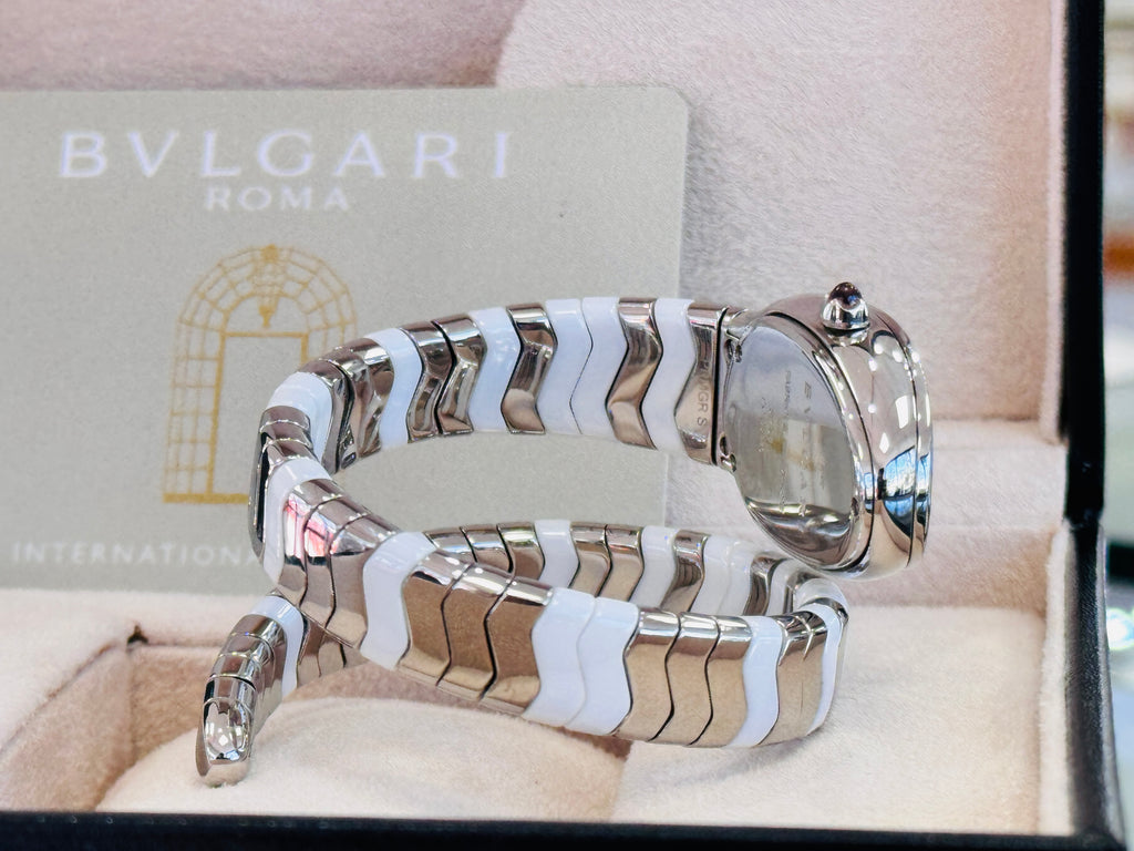 SERPENTI SPIGA 102182  STAINLESS STEEL & WHITE CERAMIC Box and Papers MINT