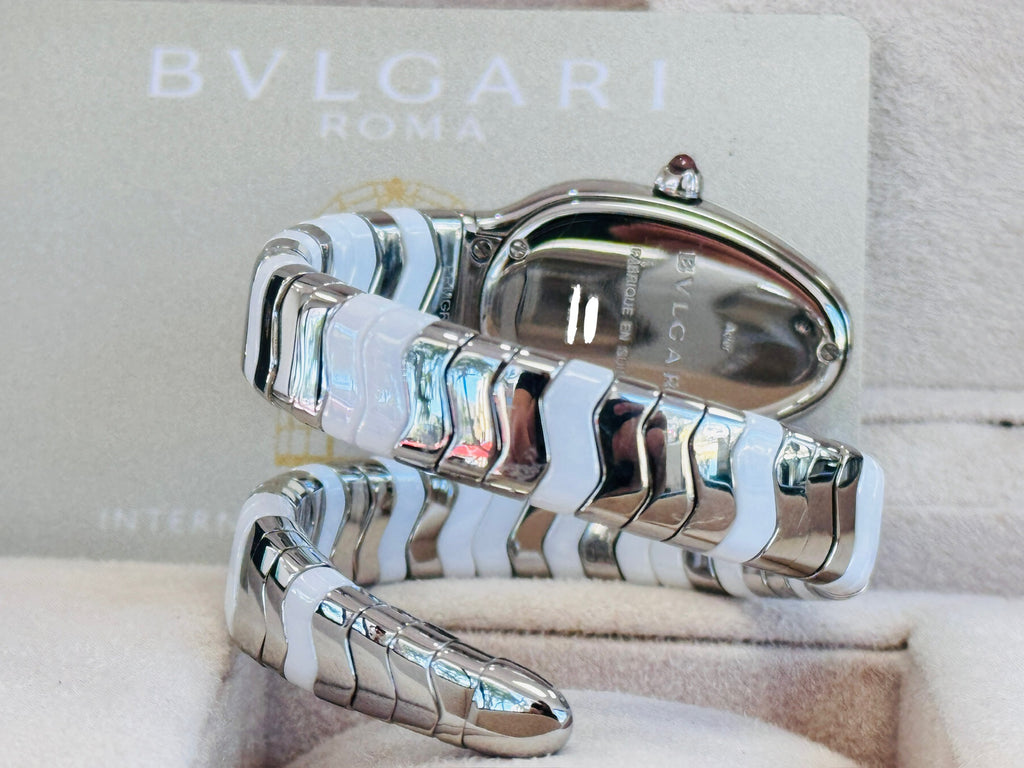 SERPENTI SPIGA 102182  STAINLESS STEEL & WHITE CERAMIC Box and Papers MINT