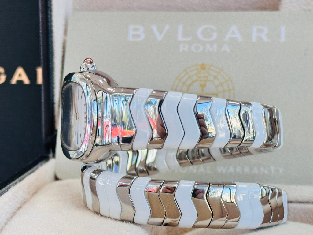 SERPENTI SPIGA 102182  STAINLESS STEEL & WHITE CERAMIC Box and Papers MINT
