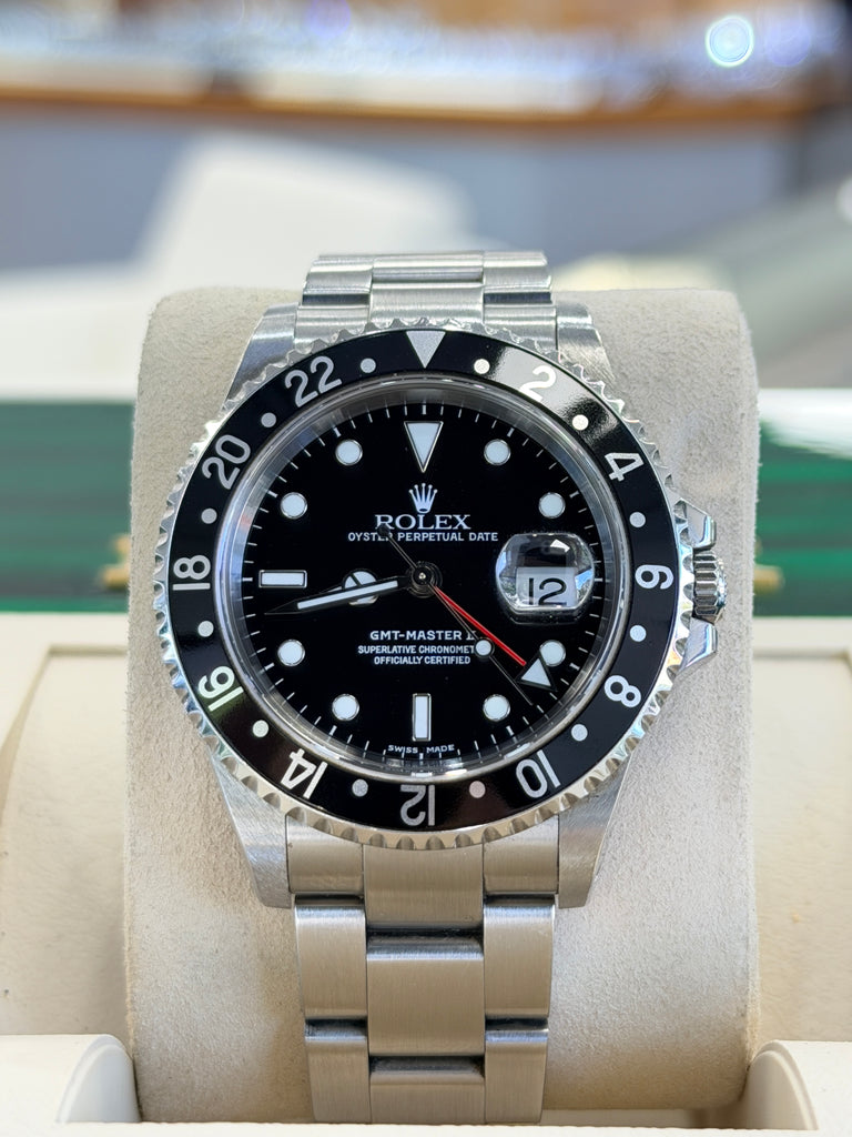 Rolex GMT-Master II 40 16710LN Black Dial “Red Arrow”  Stainless Steel Oyster PreOwned  Y serial 2001-2002 - Diamonds East Intl.