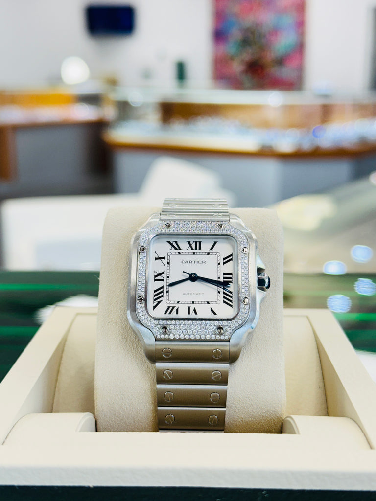 Cartier Santos W4SA0005 Silver Dial Steel Factory Diamond Bezel  Box and Papers MINT