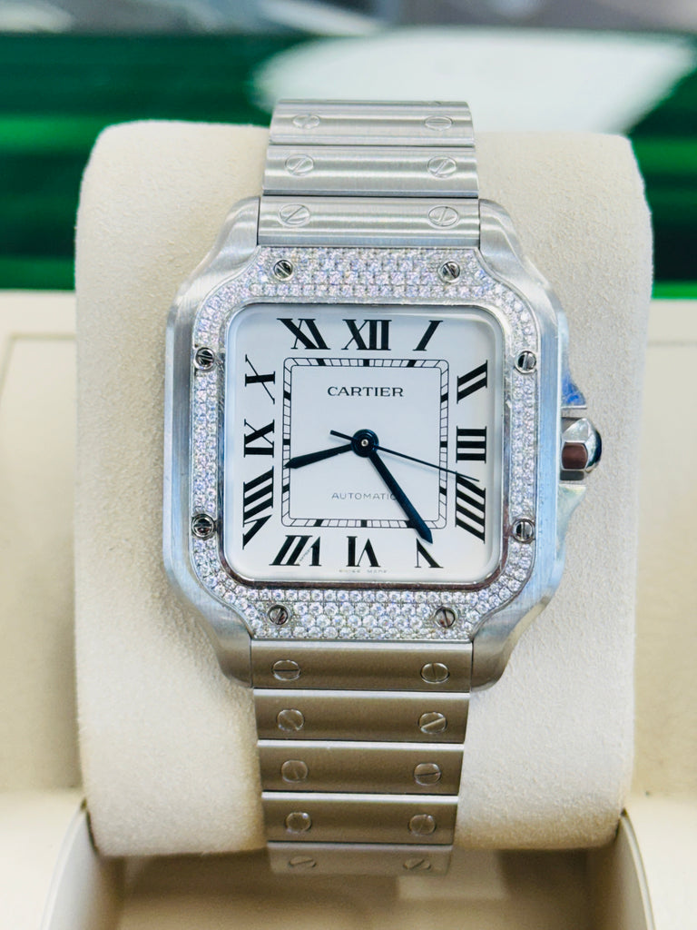 Cartier Santos W4SA0005 Silver Dial Steel Factory Diamond Bezel  Box and Papers MINT