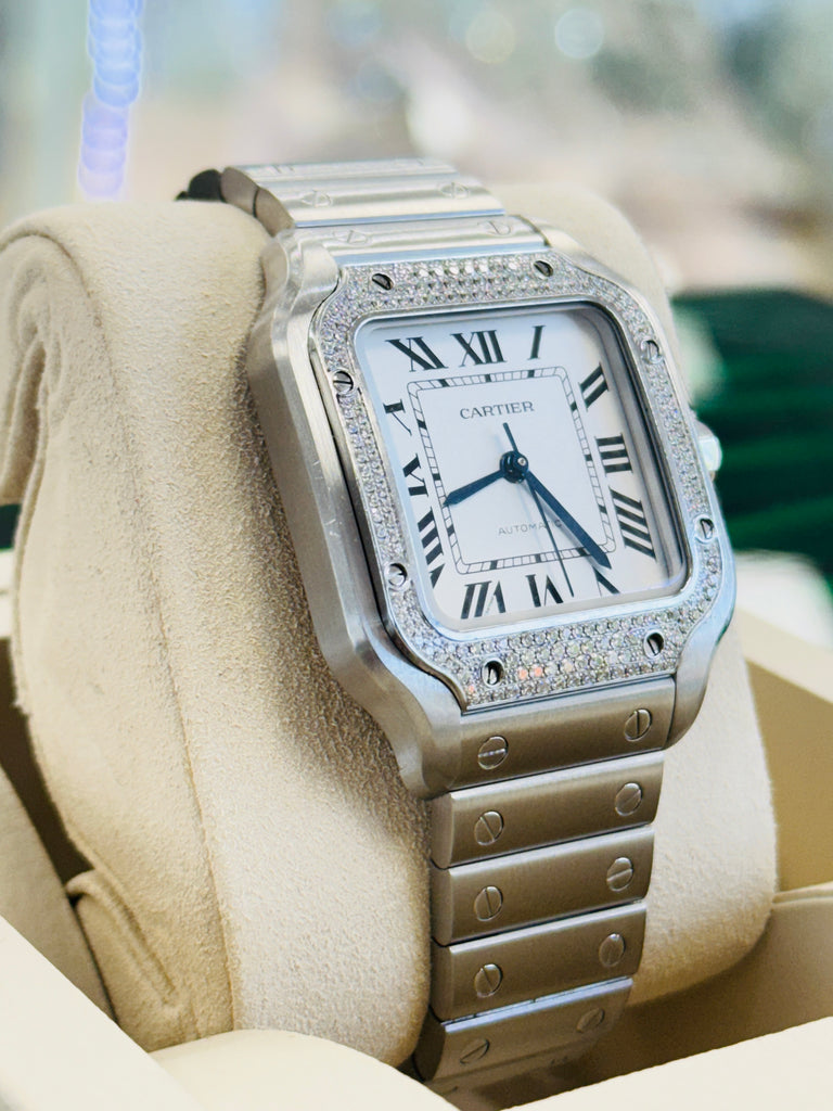 Cartier Santos W4SA0005 Silver Dial Steel Factory Diamond Bezel  Box and Papers MINT