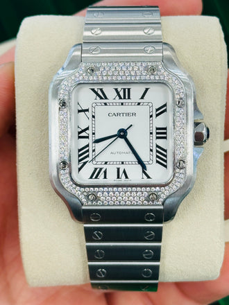 Cartier Santos W4SA0005 Silver Dial Steel Factory Diamond Bezel  Box and Papers MINT