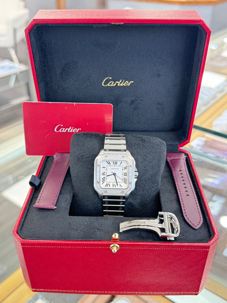 Cartier Santos W4SA0005 Silver Dial Steel Factory Diamond Bezel