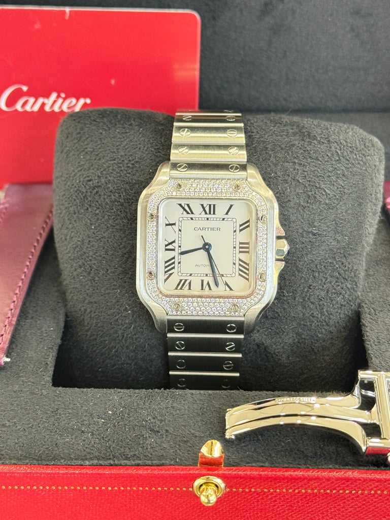 Cartier Santos W4SA0005 Silver Dial Steel Factory Diamond Bezel  Box and Papers MINT - Diamonds East Intl.