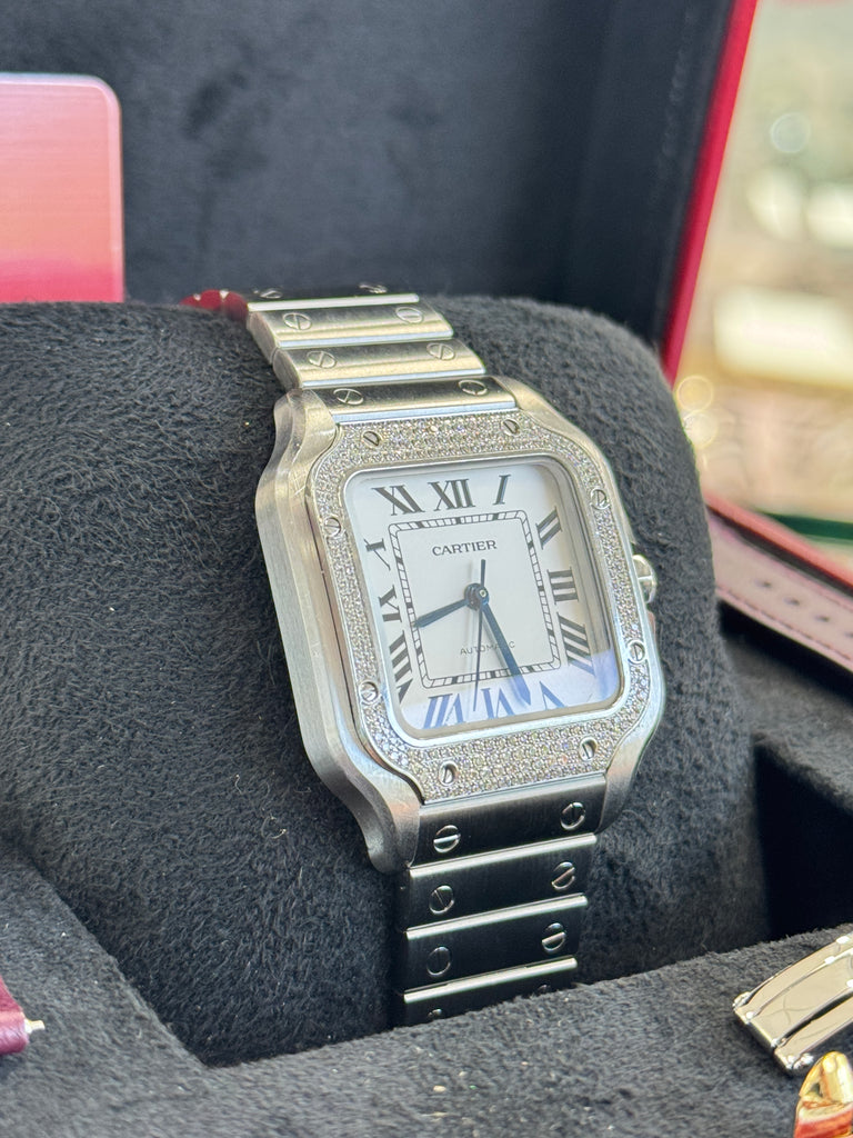 Cartier Santos W4SA0005 Silver Dial Steel Factory Diamond Bezel  Box and Papers MINT - Diamonds East Intl.