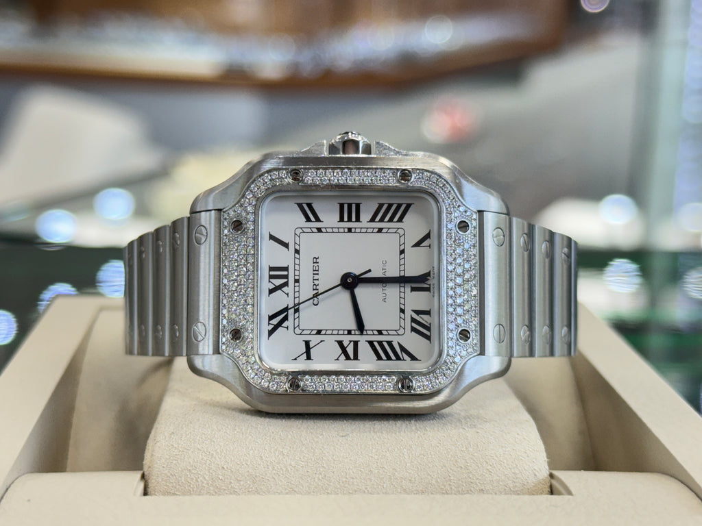 Cartier Santos W4SA0005 Silver Dial Steel Factory Diamond Bezel  Box and Papers MINT - Diamonds East Intl.