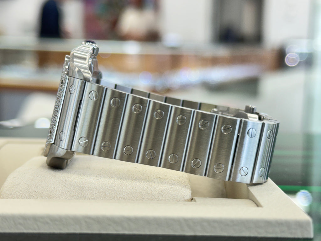 Cartier Santos W4SA0005 Silver Dial Steel Factory Diamond Bezel  Box and Papers MINT - Diamonds East Intl.
