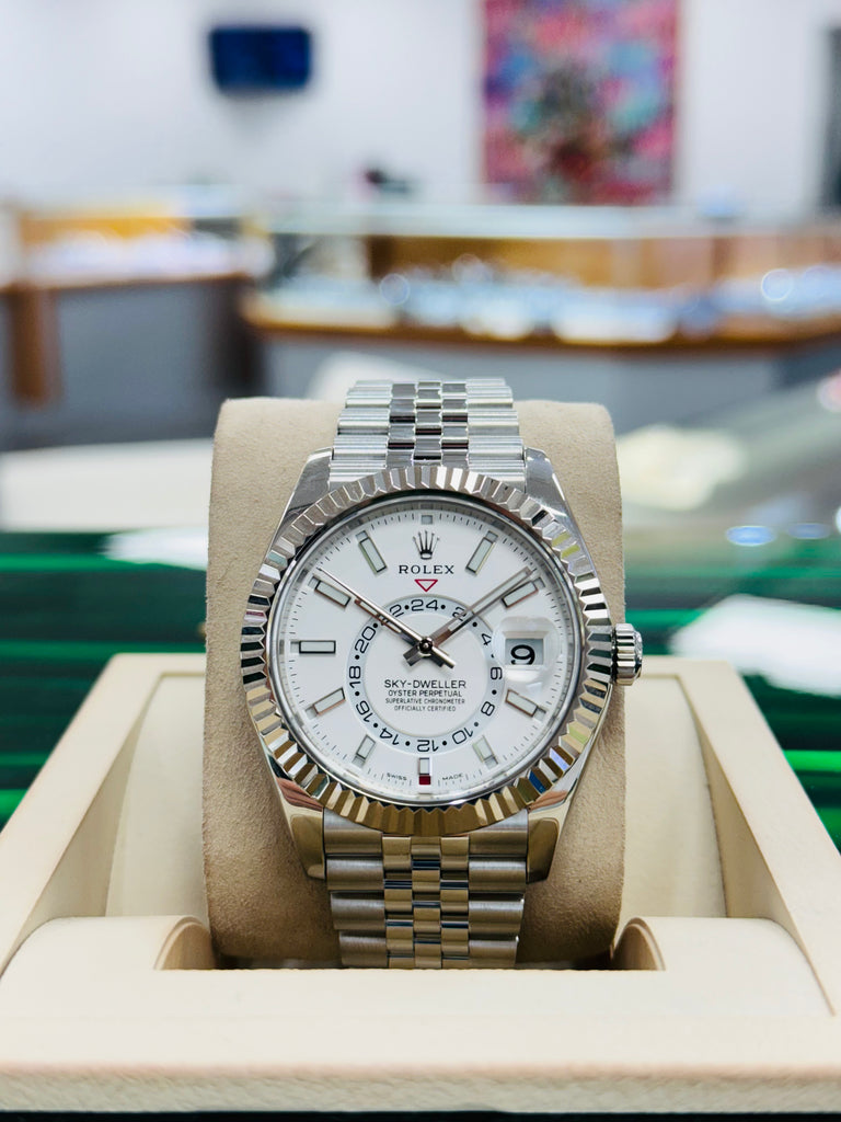 Rolex Sky Dweller 326934 Jubilee Bracelet White Dial 18K White Gold Bezel Watch Diamonds East Intl