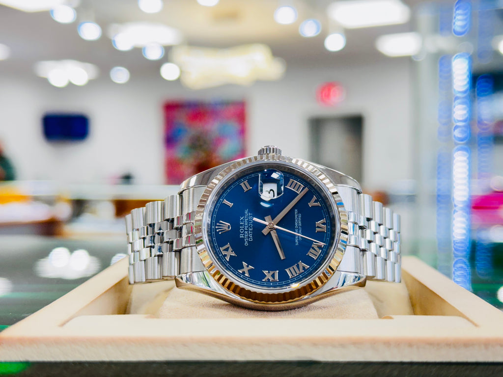Rolex Datejust 36 116234 Blue Roman Dial jubilee Preowned Box and Papers - Diamonds East Intl.
