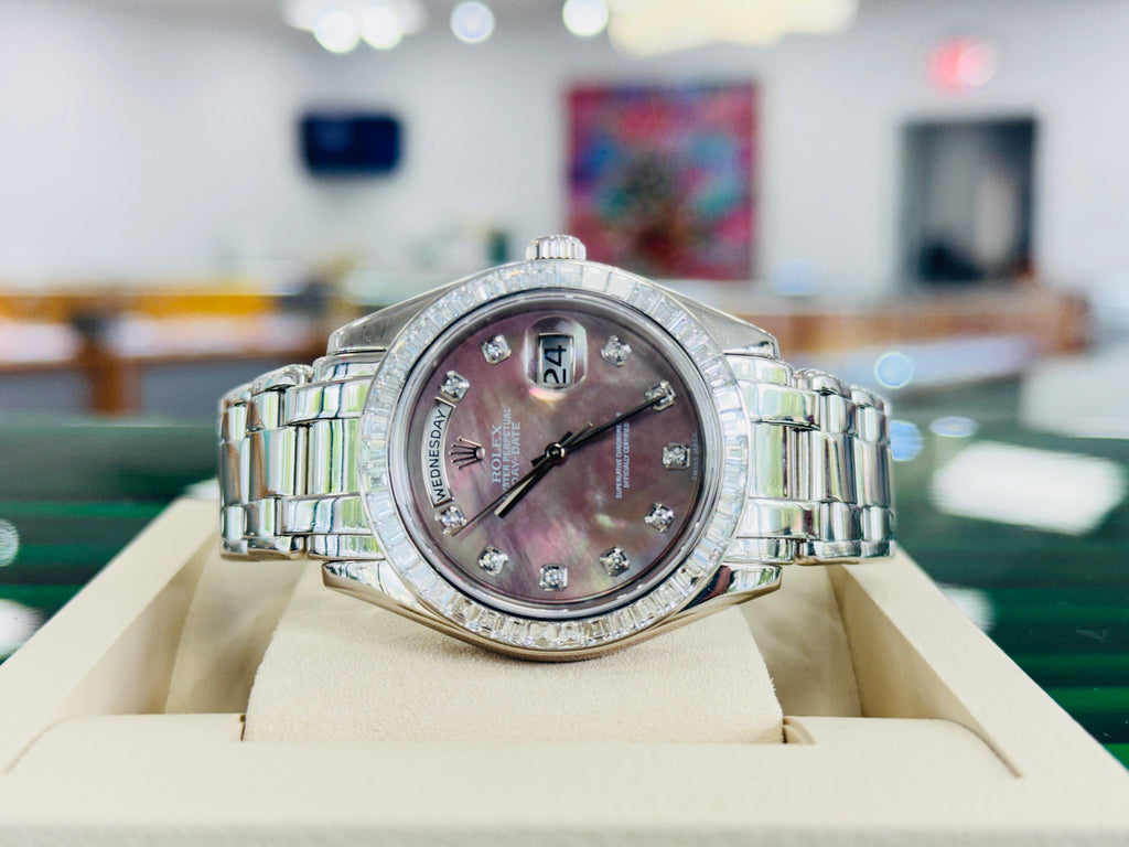 Rolex Day-Date 18956 39 Masterpiece with Factory baguette bezel  Factory Diamond Black Tahitian Dial  Platinum bracelet MINT - Diamonds East Intl.