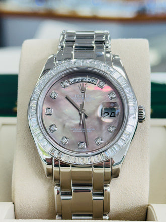 Rolex Day-Date 18956 39 Masterpiece with Factory baguette bezel  Factory Diamond Black Tahitian Dial  Platinum bracelet MINT - Diamonds East Intl.