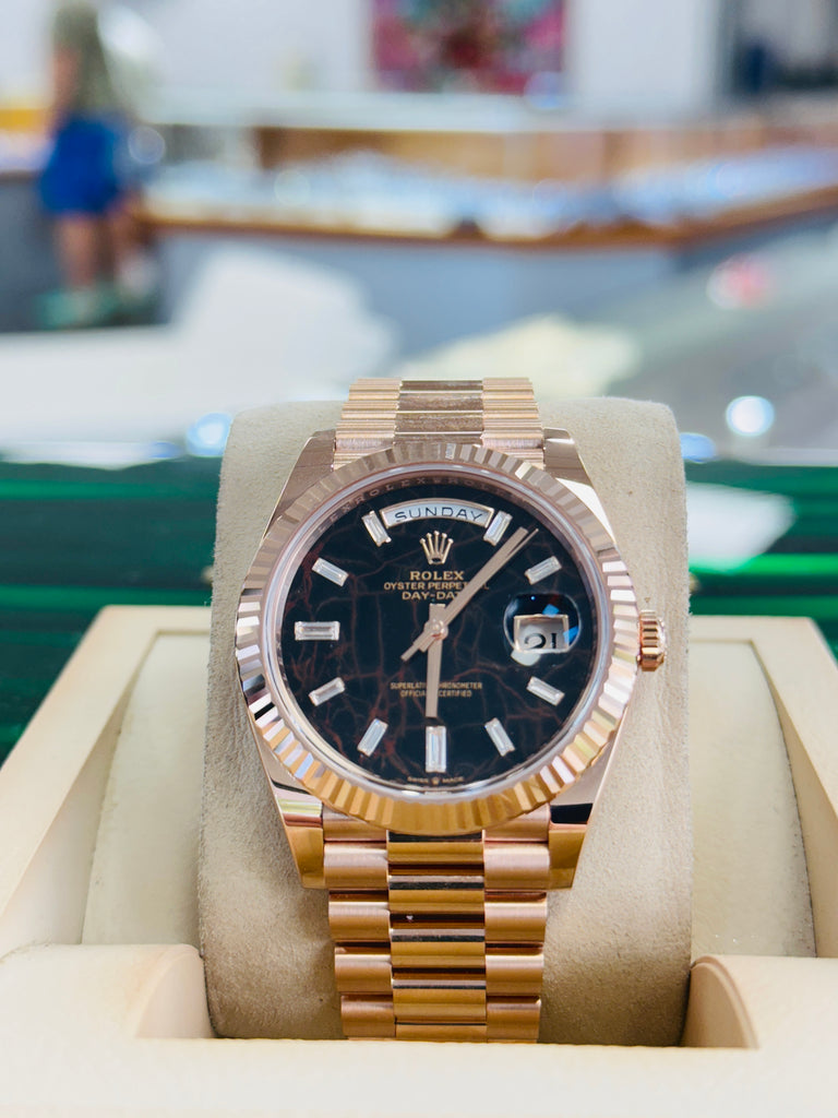 Rolex Day-Date 40 228235 Rose Gold  Factory Eisenkiesel Baguette Diamond Dial  Box and Papers Unworn - Diamonds East Intl.
