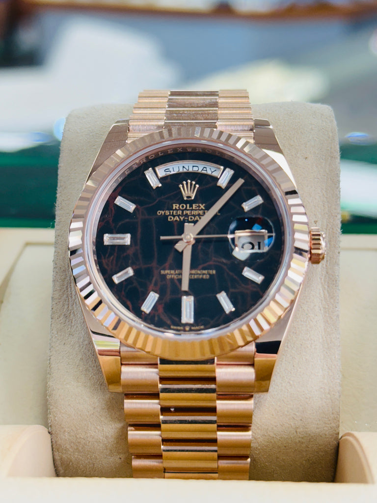 Rolex Day-Date 40 228235 Rose Gold  Factory Eisenkiesel Baguette Diamond Dial  Box and Papers Unworn - Diamonds East Intl.