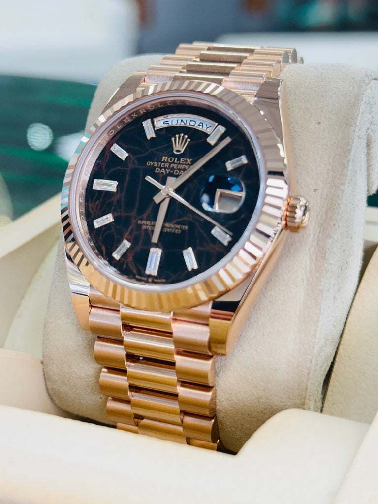 Rolex Day-Date 40 228235 Rose Gold  Factory Eisenkiesel Baguette Diamond Dial  Box and Papers Unworn - Diamonds East Intl.