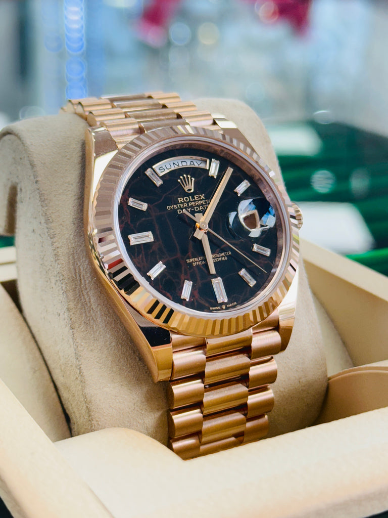 Rolex Day-Date 40 228235 Rose Gold  Factory Eisenkiesel Baguette Diamond Dial  Box and Papers Unworn - Diamonds East Intl.