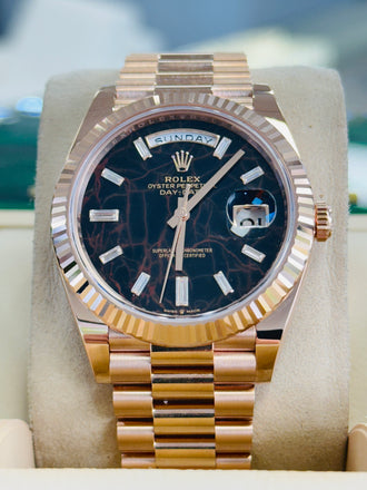Rolex Day-Date 40 228235 Rose Gold  Factory Eisenkiesel Baguette Diamond Dial  Box and Papers Unworn - Diamonds East Intl.