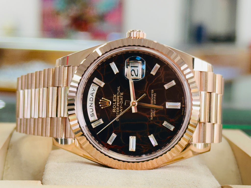 Rolex Day-Date 40 228235 Rose Gold  Factory Eisenkiesel Baguette Diamond Dial  Box and Papers Unworn - Diamonds East Intl.