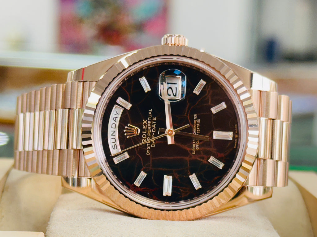 Rolex Day-Date 40 228235 Rose Gold  Factory Eisenkiesel Baguette Diamond Dial  Box and Papers Unworn - Diamonds East Intl.