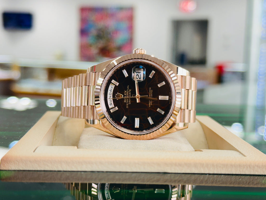 Rolex Day-Date 40 228235 Rose Gold  Factory Eisenkiesel Baguette Diamond Dial  Box and Papers Unworn - Diamonds East Intl.