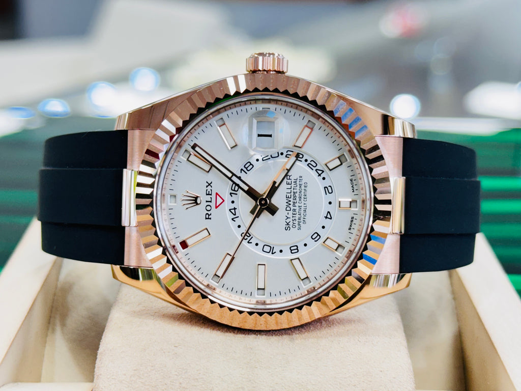 Rolex Sky-Dweller 326235 EverRose Gold White Dial 42 OysterFlex Box and Papers Unworn - Diamonds East Intl.