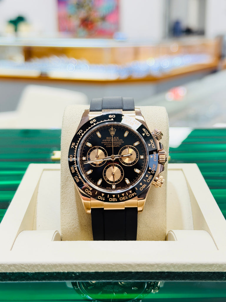 Rolex Daytona 116515ln 18K Rose Gold Black & Rose Subdial Dial Oysterflex Rubber Band  Box and Papers PreOwned - Diamonds East Intl.