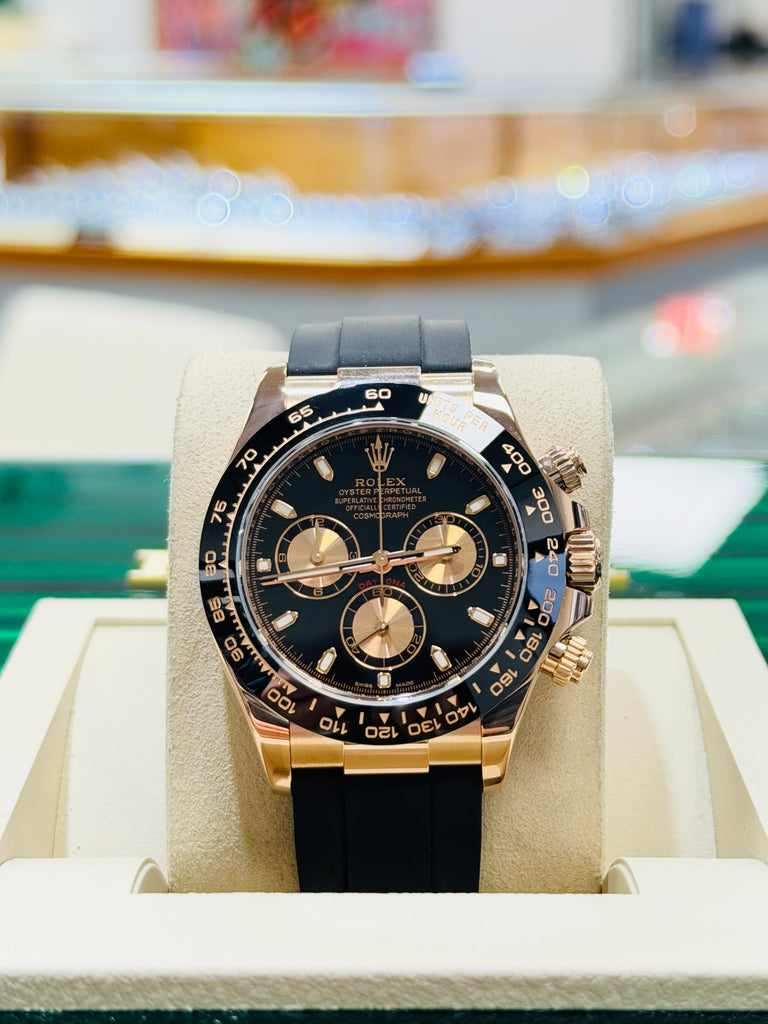 Rolex Daytona 116515ln 18K Rose Gold Black & Rose Subdial Dial Oysterflex Rubber Band  Box and Papers PreOwned - Diamonds East Intl.