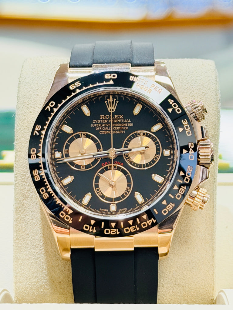 Rolex Daytona 116515ln 18K Rose Gold Black & Rose Subdial Dial Oysterflex Rubber Band  Box and Papers PreOwned - Diamonds East Intl.