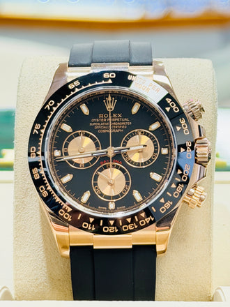 Rolex Daytona 116515ln 18K Rose Gold Black & Rose Subdial Dial Oysterflex Rubber Band  Box and Papers PreOwned - Diamonds East Intl.