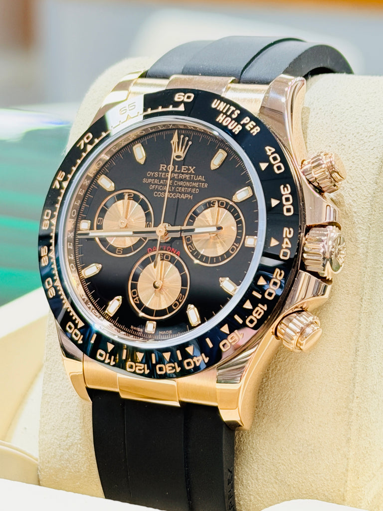 Rolex Daytona 116515ln 18K Rose Gold Black & Rose Subdial Dial Oysterflex Rubber Band  Box and Papers PreOwned - Diamonds East Intl.