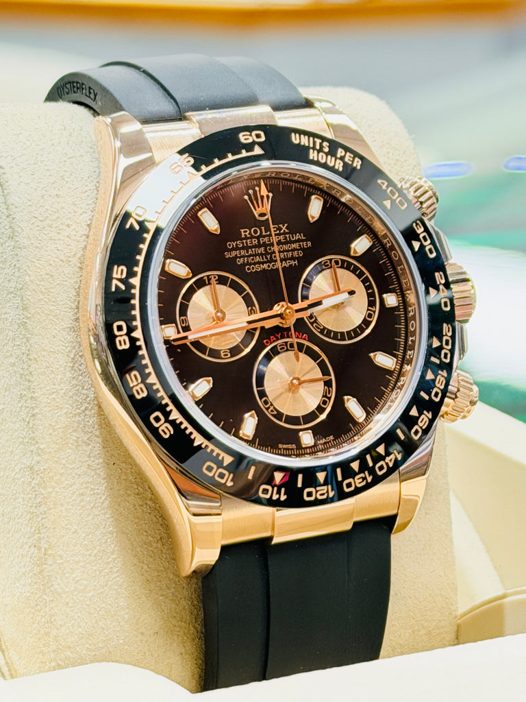 Rolex Daytona 116515ln 18K Rose Gold Black & Rose Subdial Dial Oysterflex Rubber Band  Box and Papers PreOwned - Diamonds East Intl.