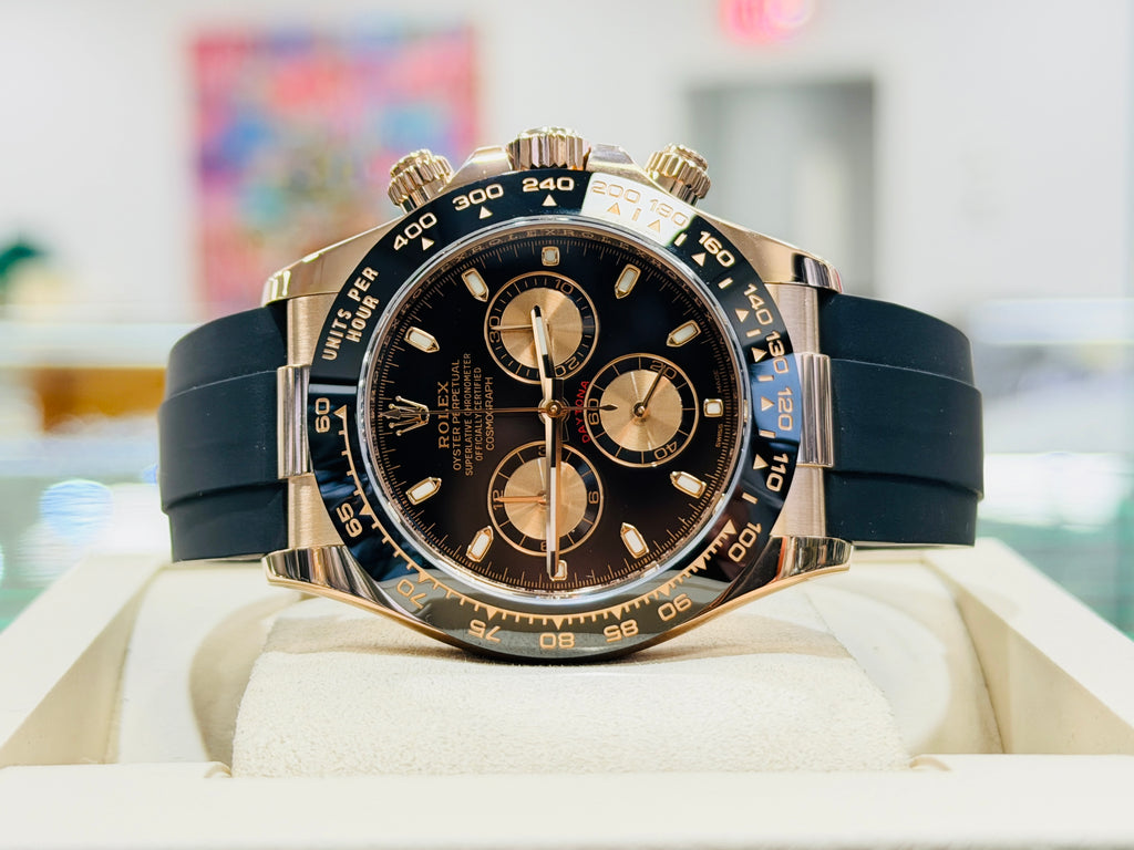 Rolex Daytona 116515ln 18K Rose Gold Black & Rose Subdial Dial Oysterflex Rubber Band  Box and Papers PreOwned - Diamonds East Intl.