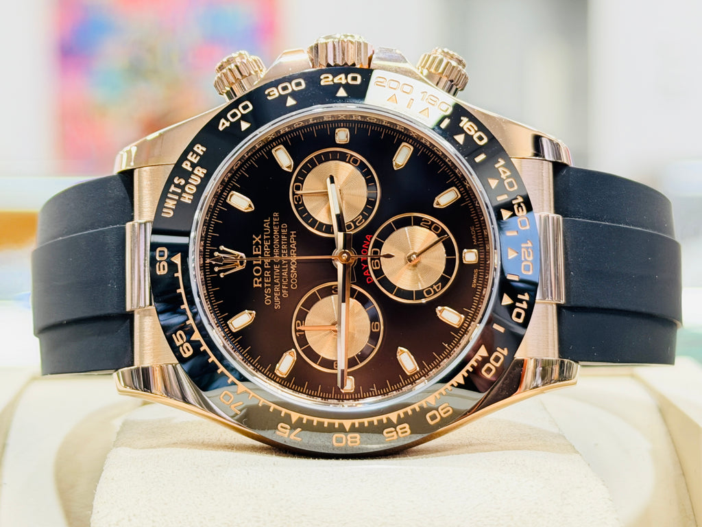 Rolex Daytona 116515ln 18K Rose Gold Black & Rose Subdial Dial Oysterflex Rubber Band  Box and Papers PreOwned - Diamonds East Intl.