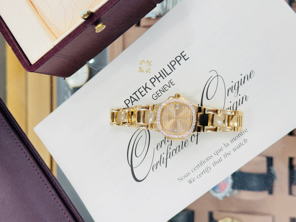 Patek Philippe Nautilus Yellow Gold 4700/53 Factory Diamond Bezel Champagne Diamond Dial Box/Papers MINT