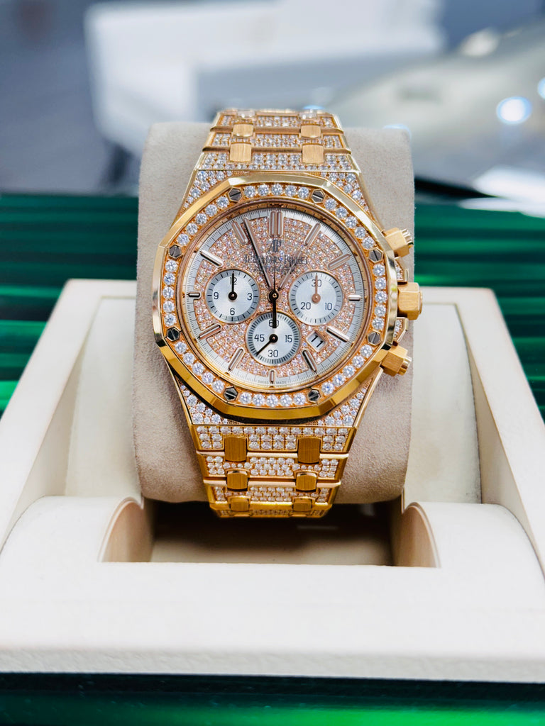 Audemars Piguet Royal Oak Chronograph Rose Gold Factory Pave Diamond 26322OR.ZZ.1222OR.01 Box and Papers - Diamonds East Intl.