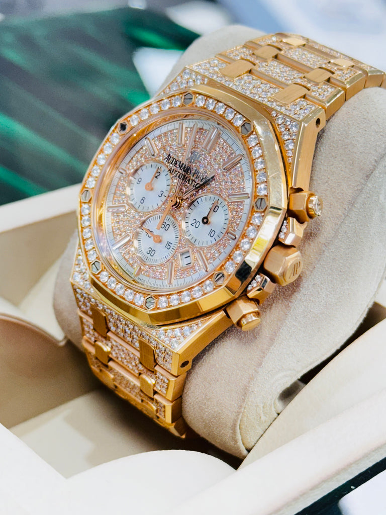 Audemars Piguet Royal Oak Chronograph Rose Gold Factory Pave Diamond 26322OR.ZZ.1222OR.01 Box and Papers - Diamonds East Intl.