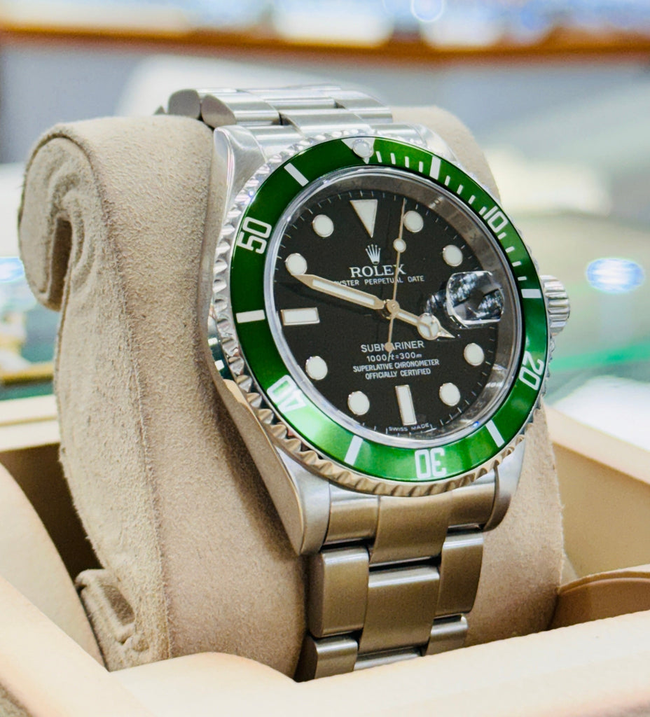 Rolex Submariner Date Kermit 16610LV Engraved Rehaut Box and Papers Diamonds East Intl