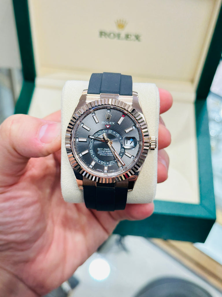 Rolex Sky-Dweller 326235 EverRose Gold Rhodium Dial 42 OysterFlex Box and Papers - Diamonds East Intl.
