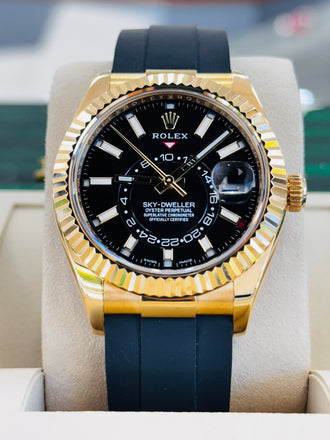 Rolex Sky-Dweller 326238 Yellow Gold Black Dial Oyster Flex  Box and Papers MINT - Diamonds East Intl.
