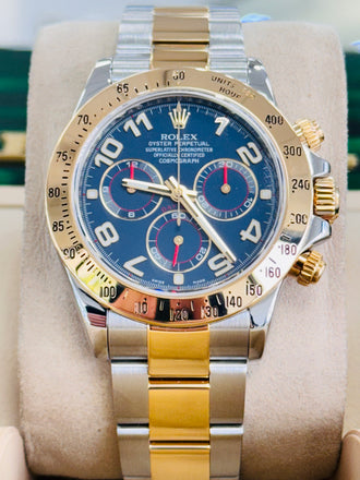 Rolex Daytona  Cosmograph 116523 RARE Blue Arabic Racing Dial Box and Papers MINT