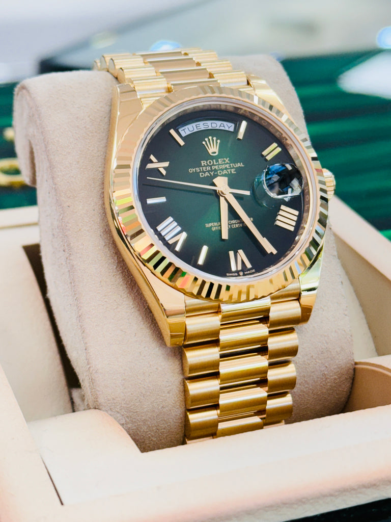 Rolex Day-Date 40 228238  NEW RELEASE 2024 OMBRE GREEN ROMAN Unworn Box and Papers - Diamonds East Intl.