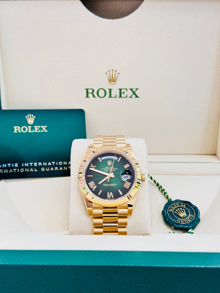 Rolex Day-Date 40 228238  NEW RELEASE 2024 OMBRE GREEN ROMAN Unworn Box and Papers - Diamonds East Intl.