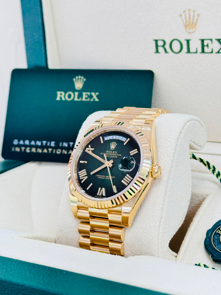 Rolex Day-Date 40 228238  NEW RELEASE 2024 OMBRE GREEN ROMAN Unworn Box and Papers - Diamonds East Intl.