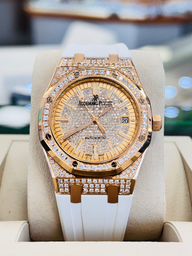 Audemars Piguet Royal Oak 18K Rose Gold Selfwinding 15300OR  Custom Diamond Bezel and Custom Diamond Lug Set MINT - Diamonds East Intl.